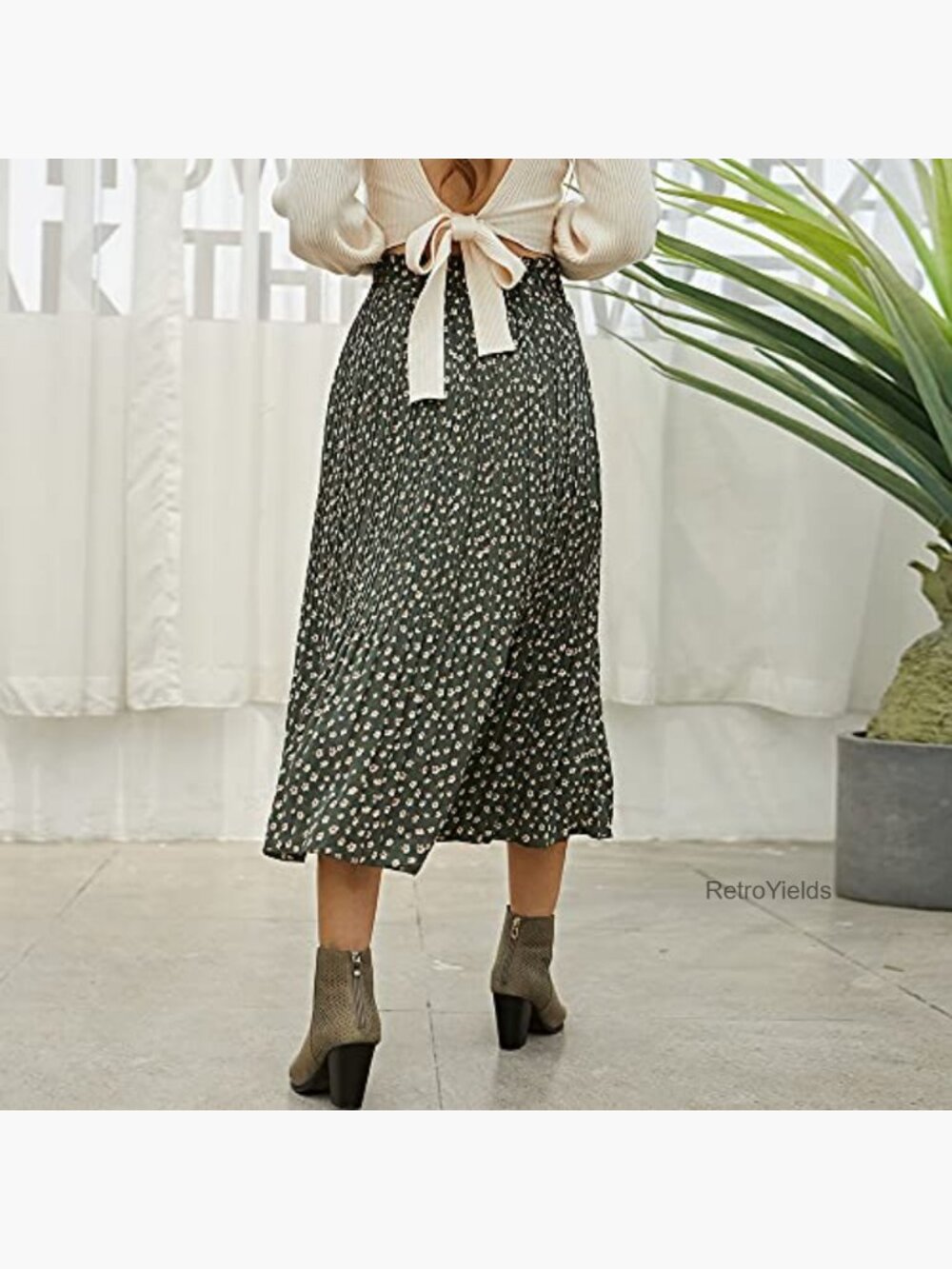 High Waist Polka Dot Pleated Maxi Midi Skirt with Pockets - Picture 3 of 7